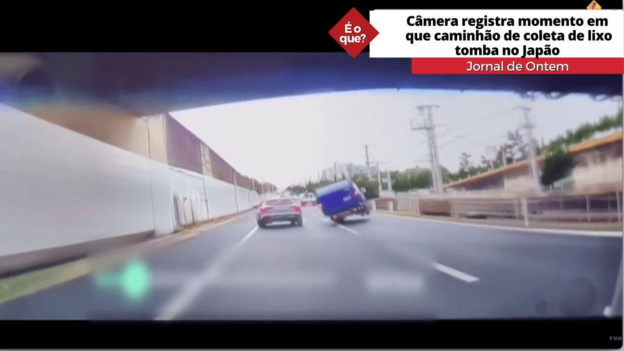 Câmera registra momento em que caminhão de coleta de lixo tomba no Japão 