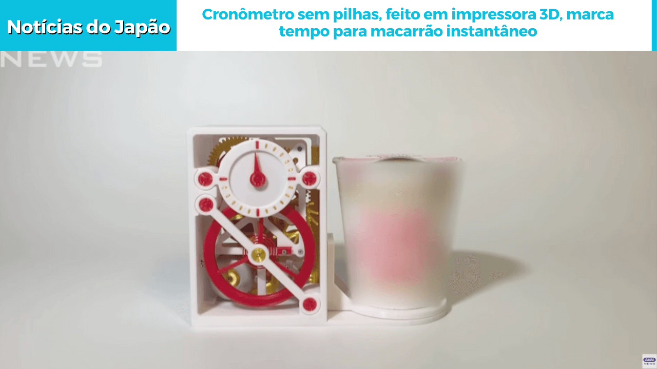 Cronômetro sem pilhas, feito em impressora 3D, marca tempo para macarrão instantâneo 