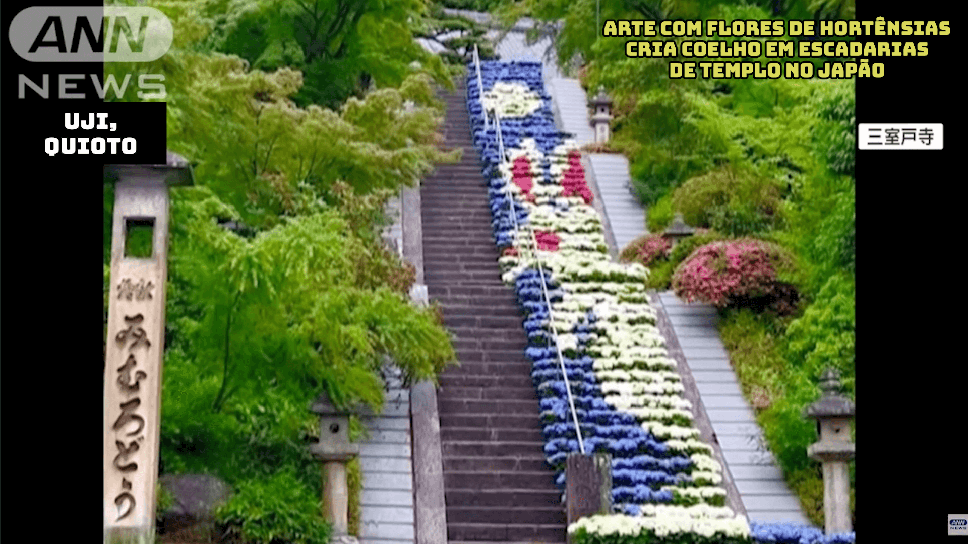 Arte com flores de hortênsias cria coelho em escadarias de templo no Japão 
